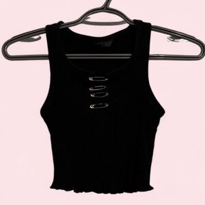 SHEIN Black Ribbed Tank with Safety Pin Accents